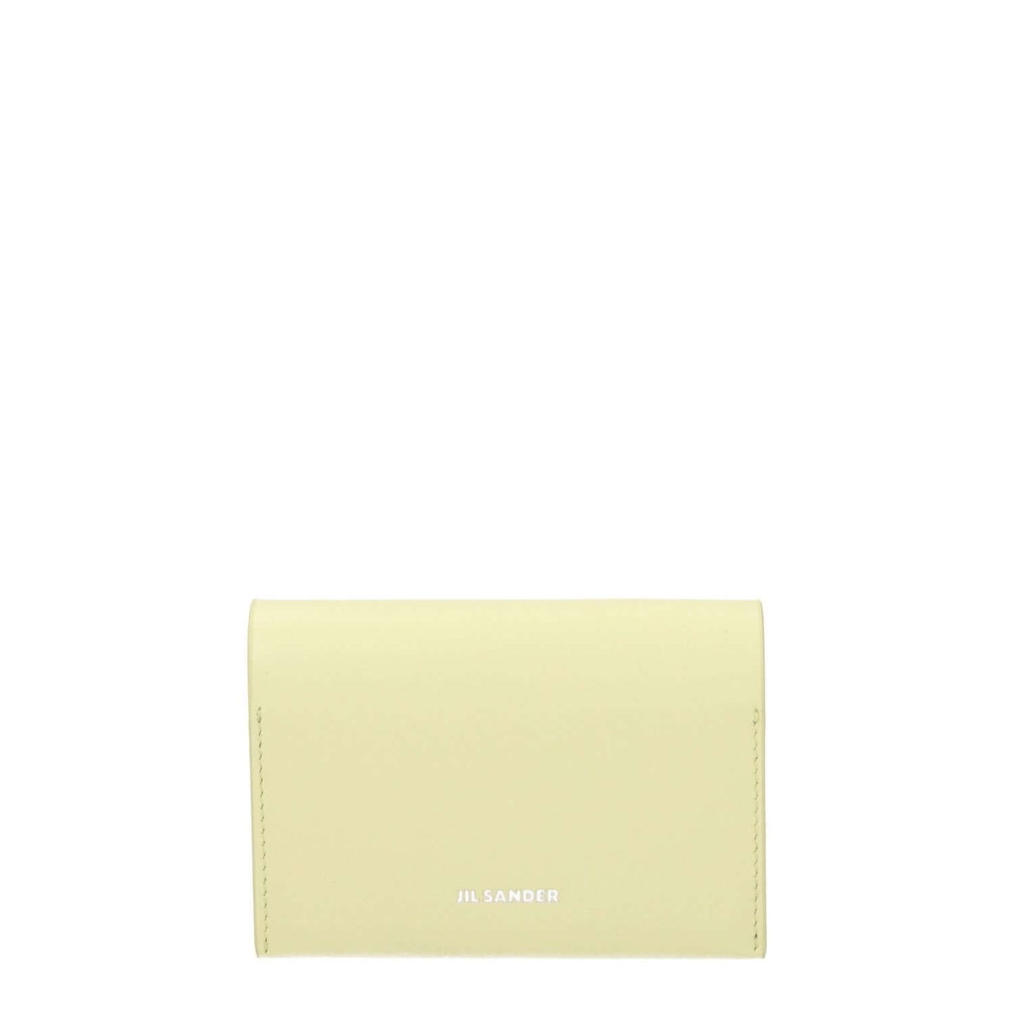 Jil Sander Yellow Leather Cardholder with front logo, casual style, button closure, and three card slots; leather document holder.