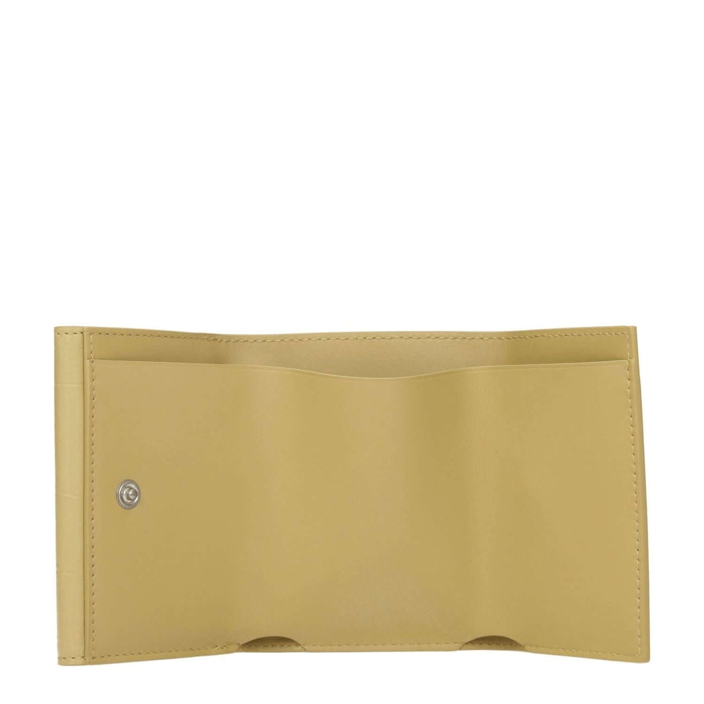 Jil Sander Yellow Leather Wallet open view showing button closure and card slots, casual style