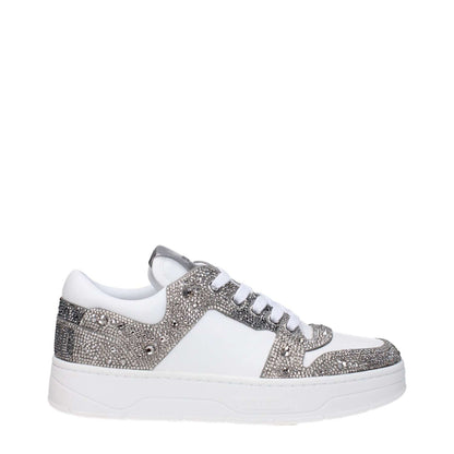 Jimmy Choo White Leather Chunky Sneakers with rhinestones, lace-up closure, round toe, low flat heel, and silver accents.