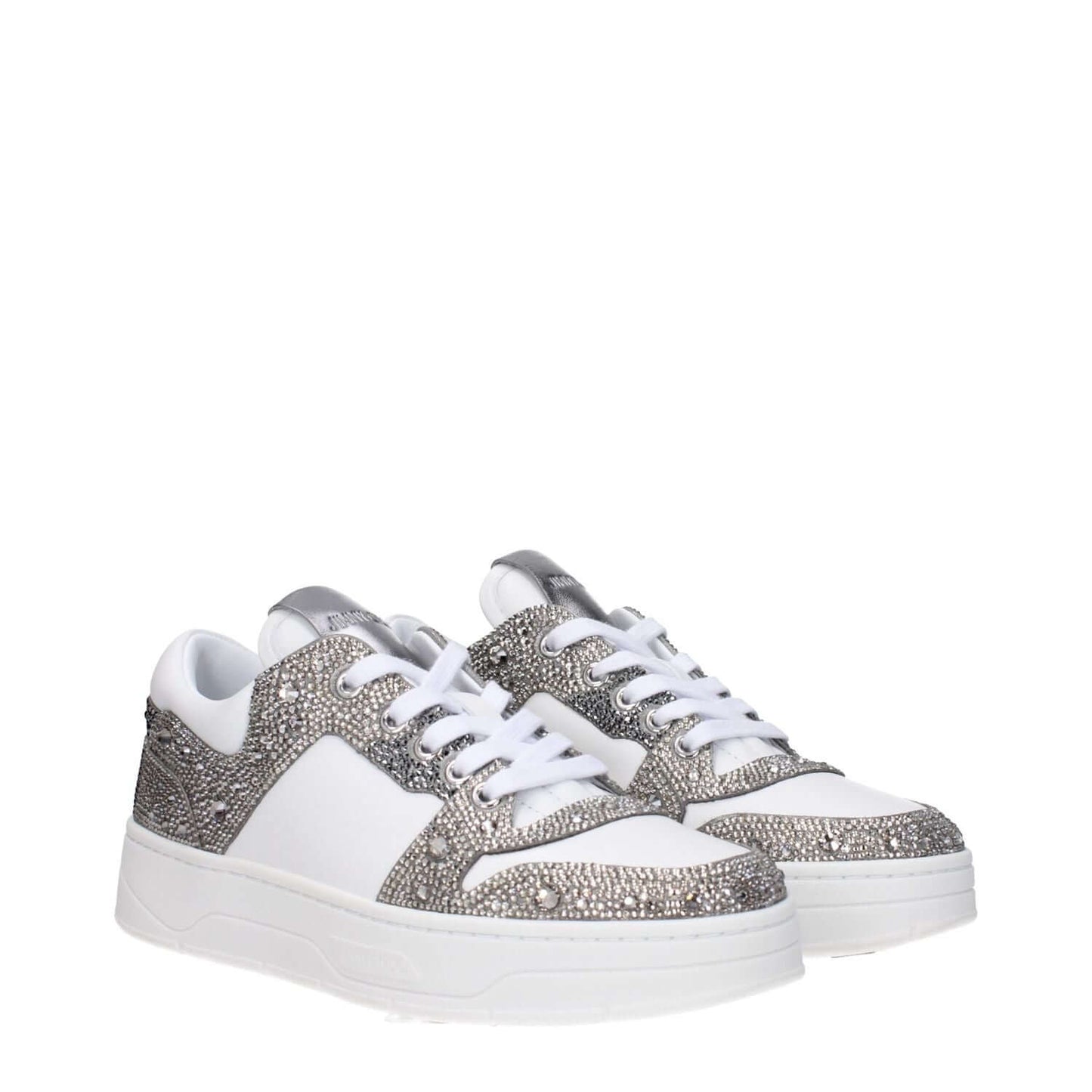 Jimmy Choo White Leather Chunky Sneakers with rhinestone details, featuring a front, back, and side logo, and a lace-up closure.