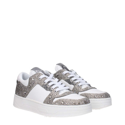 Jimmy Choo White Leather Chunky Sneakers with rhinestone details, featuring a front, back, and side logo, and a lace-up closure.