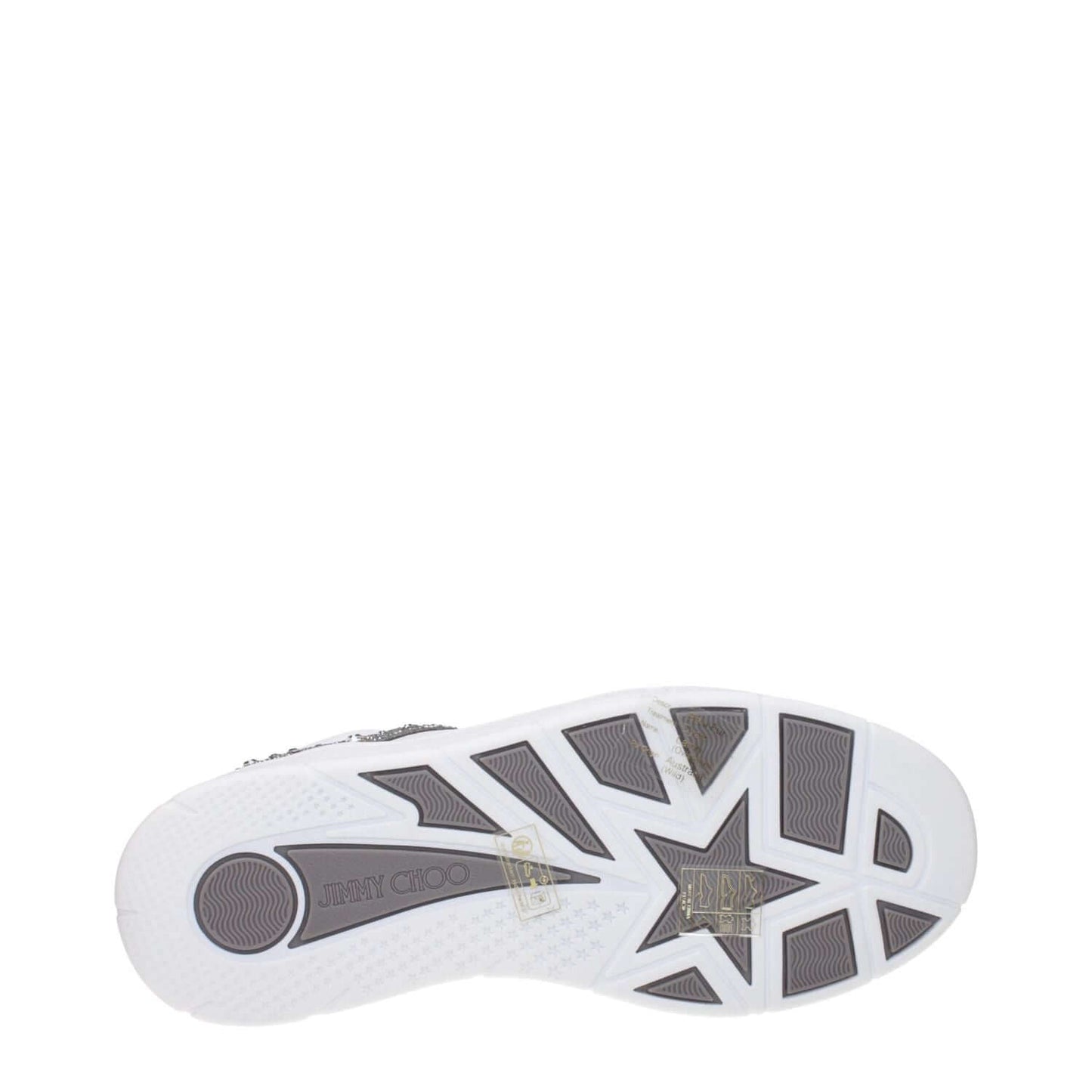 Sole of Jimmy Choo White Leather Chunky Sneakers with logo detail, rhinestones, and rubber material