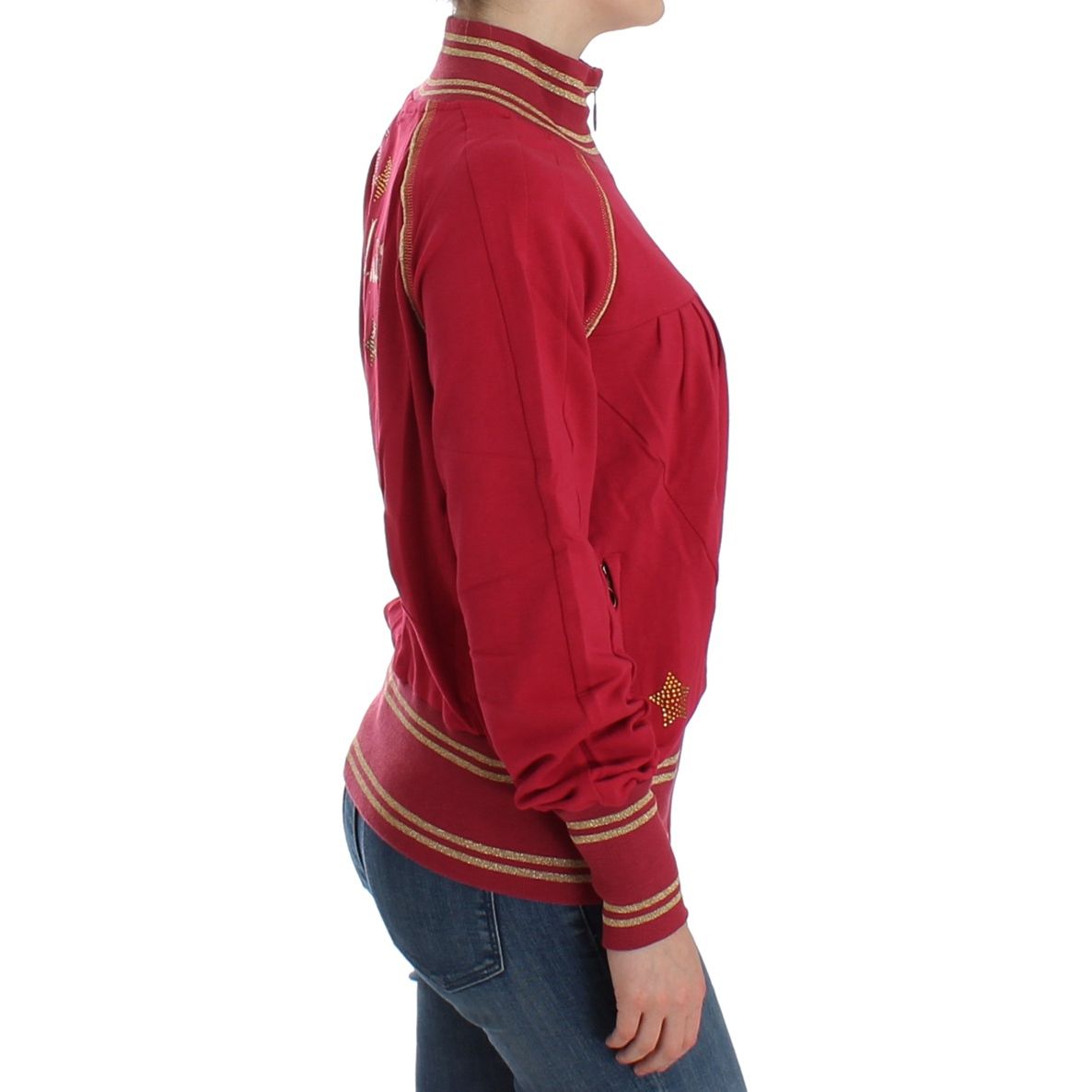 Side view of John Galliano Pink Mock Zip Cardigan Sweatshirt Sweater with logo detail and front zipper.