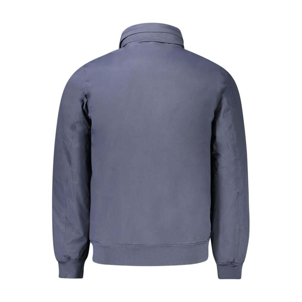 Back view of K-WAY Blue Polyamide Men Jacket with padded design and classic style, featuring removable hood and logo.