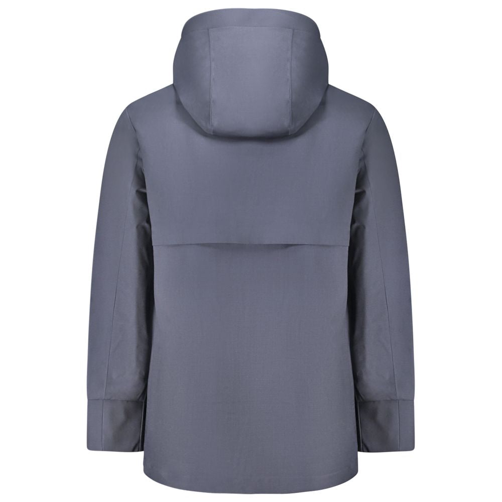 Back view of K-WAY Blue Wool Men Trench Coat with removable hood and sleek design.