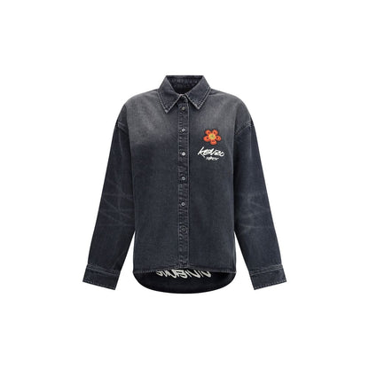 Kenzo Black Denim Shirt with Futura 2000 Boke Flower embroidery, Japanese bleach wash, AW25 oversize fit, cotton elastane blend.