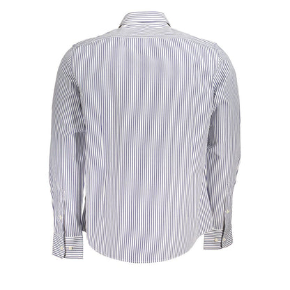 Back view of La Martina Elegant Long-Sleeved Striped Shirt for Men with blue stripes and French collar.