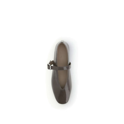 Top view of Le Monde Béryl Brown Calf Leather Bos Taurus Ballet Flats with adjustable strap and elegant design.