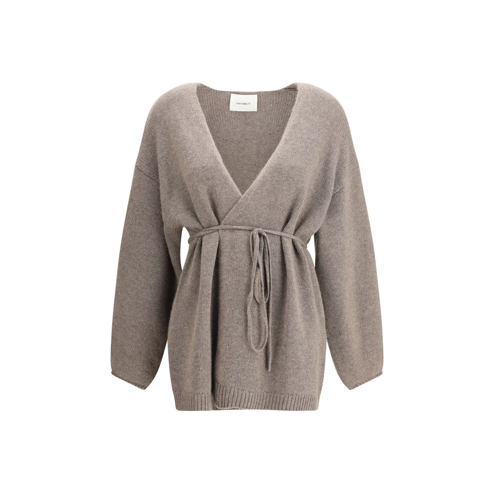 Lisa Yang Laurina Cardigan in soft cashmere with robe closure and V-neck, showcasing relaxed elegance and side tie detail.