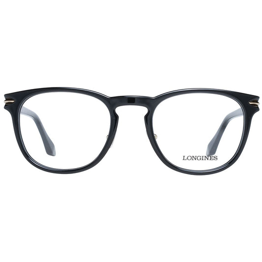 Longines Black Men Glasses Frame in full-rim black plastic with demo lenses, round style size 54-23-145 for men.