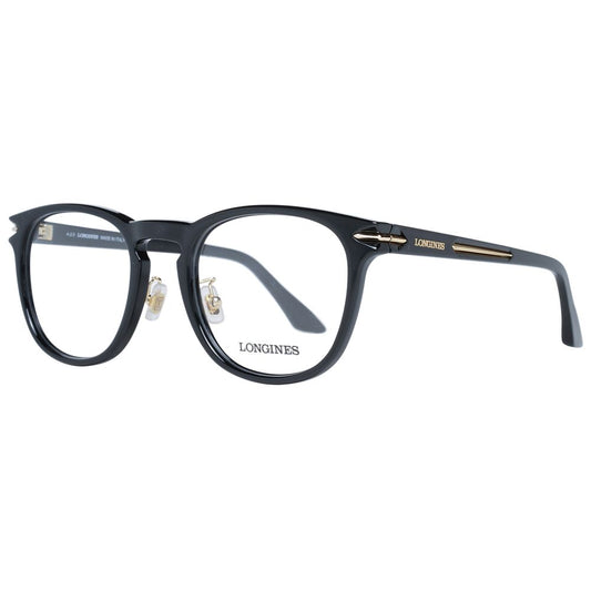 Longines Black Men Glasses Frame, round full-rim style with black plastic frame and demo lenses, size 54-23-145.