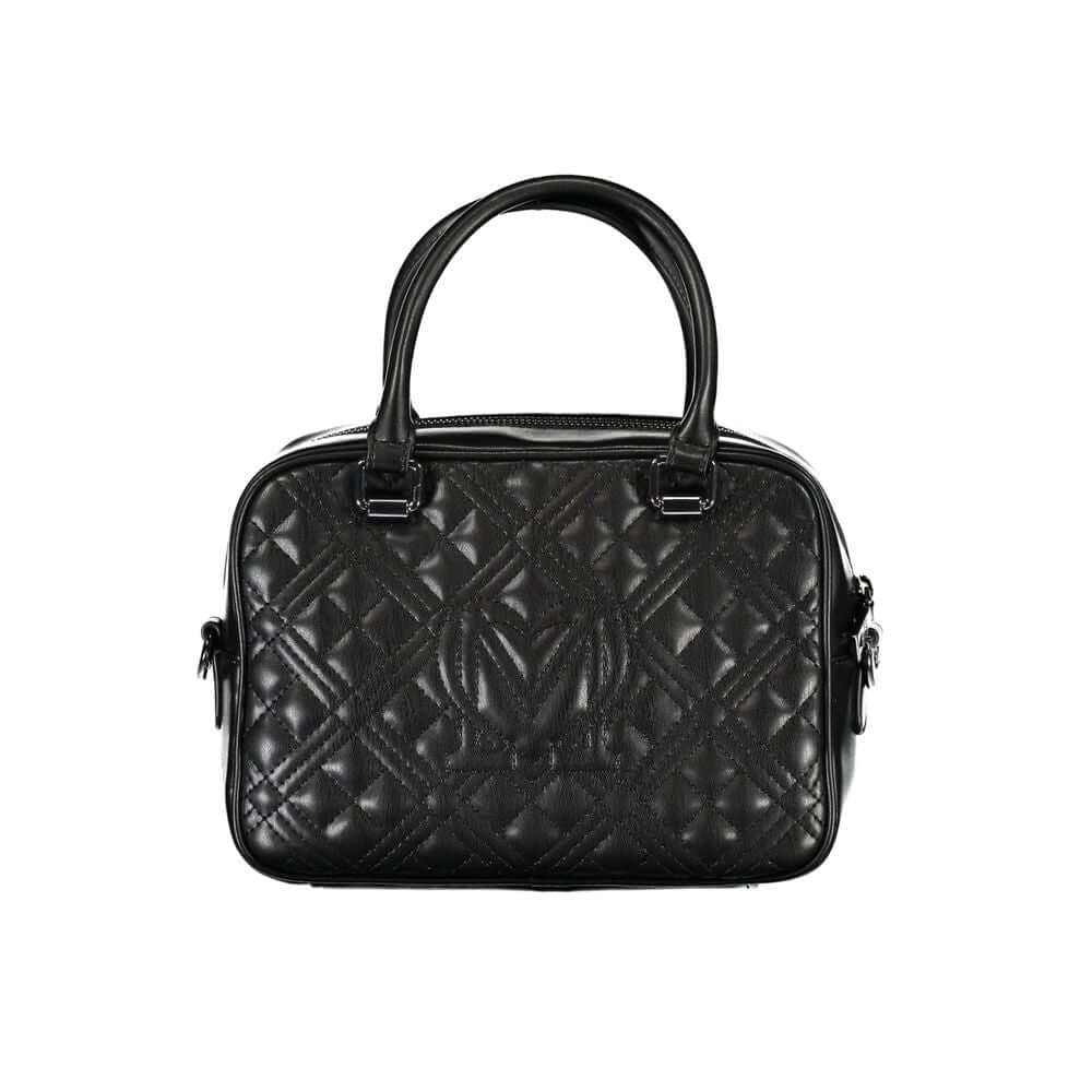 Love Moschino Black Polyethylene Handbag with adjustable shoulder strap, two handles, internal pockets, zip closure, and logo.