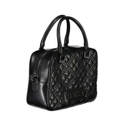 Love Moschino Black Polyethylene Handbag with quilted design, two handles, removable strap, and logo detail on side.