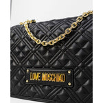 Love Moschino Black Polyethylene Handbag with quilted design and golden chain, showcasing elegant craftsmanship and versatility.