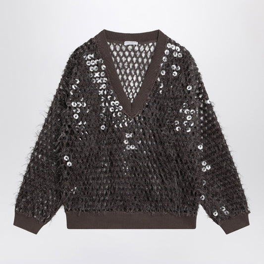 Brunello Cucinelli Chocolate mesh top with sequins M8ER23102CO/Q_CUCIN-C8705_323