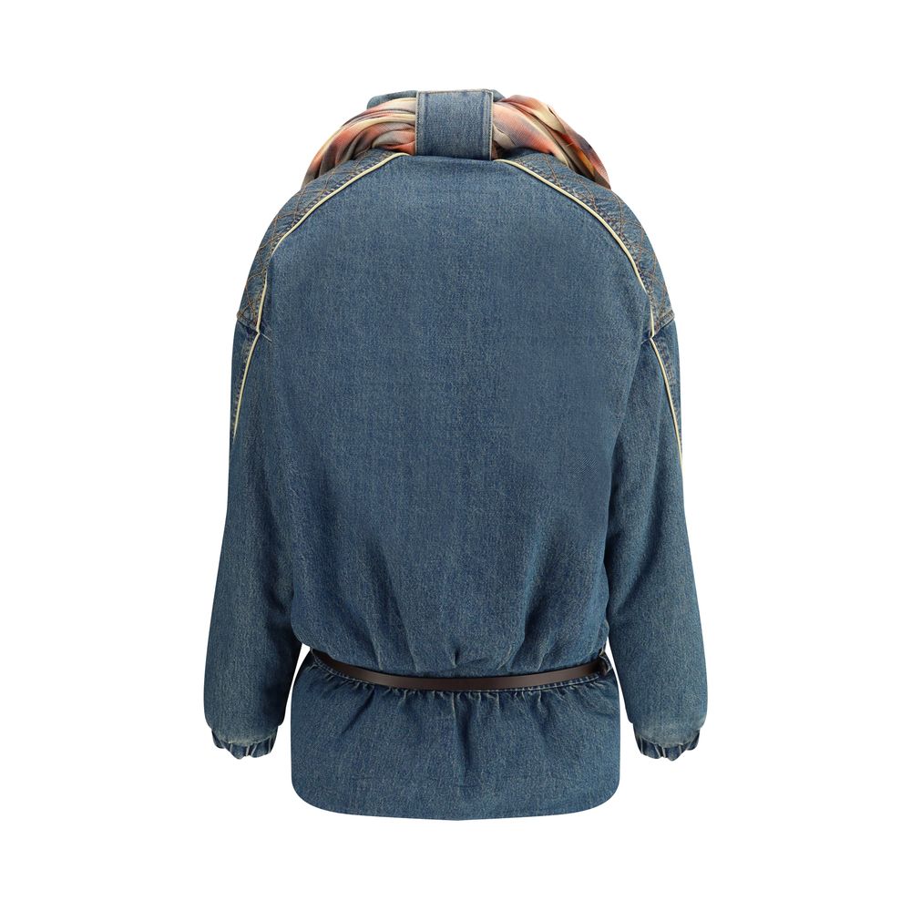Back view of MARBELL Amy Denim Jacket featuring quilted details, removable scarf, and leather belt.