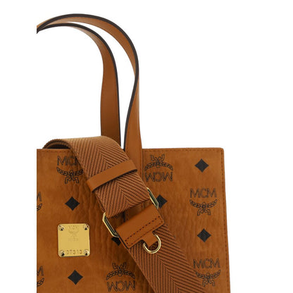 MCM Brown Polyethylene Shoulder Bag with iconic monogram pattern and engraved plaque, showing adjustable strap and handle details.