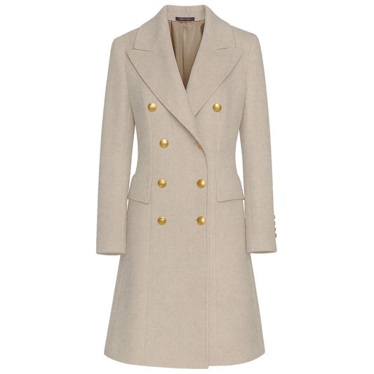 Made in Italy Beige Wool Women Coat with gold buttons and peak lapels, showcasing Italian craftsmanship and elegance in fashion.