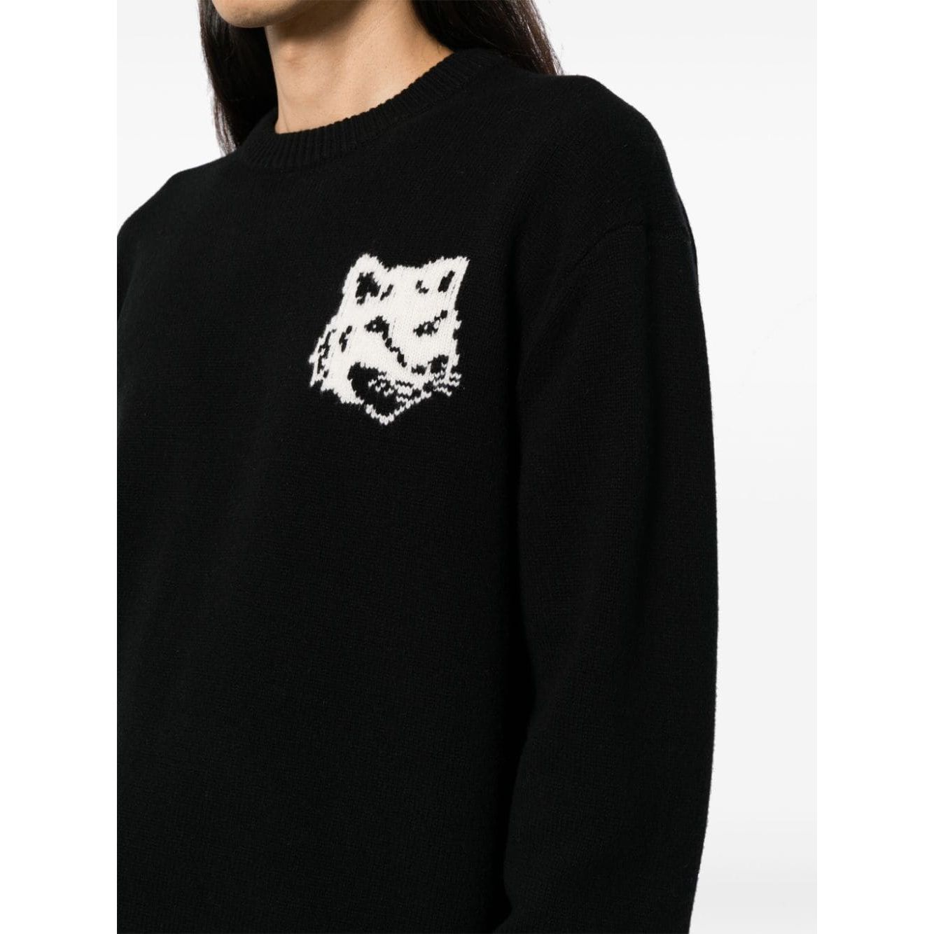 Maison Kitsuné MAISON KITSUNE' Sweaters Black wool jumper with fox head logo on chest, crew neck, long sleeves, ribbed cuffs and hem.