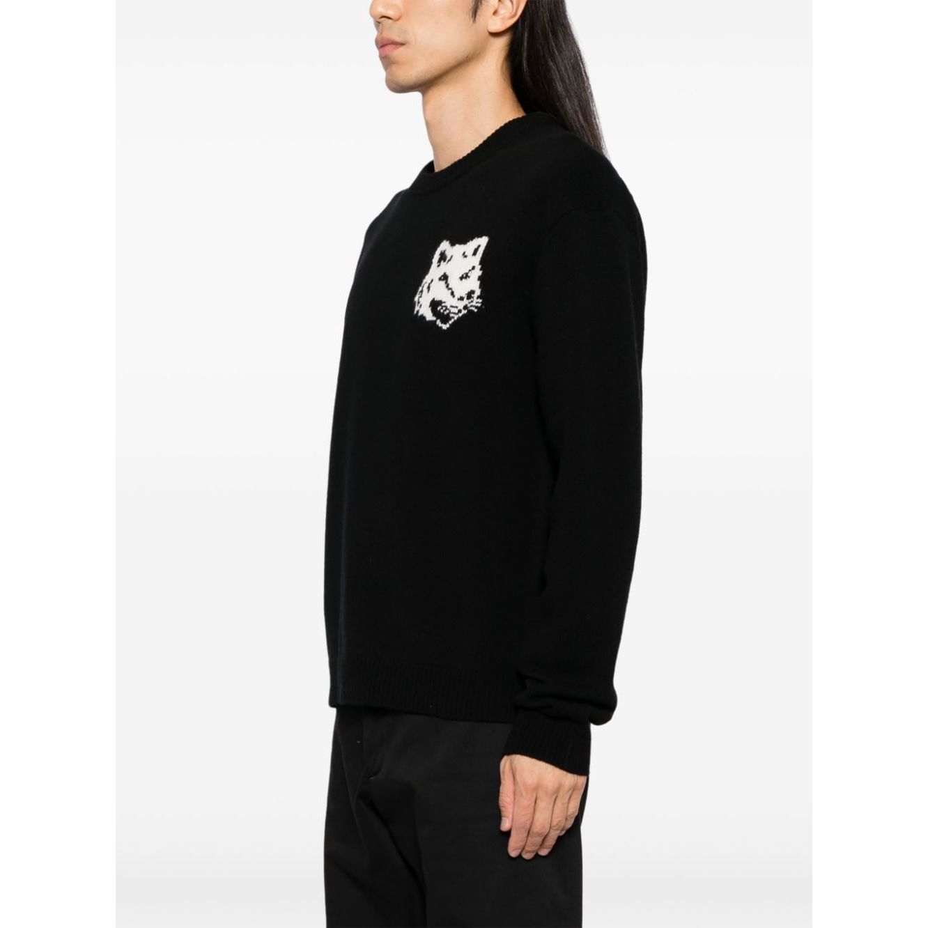 Maison Kitsuné MAISON KITSUNE' Sweaters Black - black wool sweater with fox head logo on chest, crew neck, ribbed cuffs and hem.
