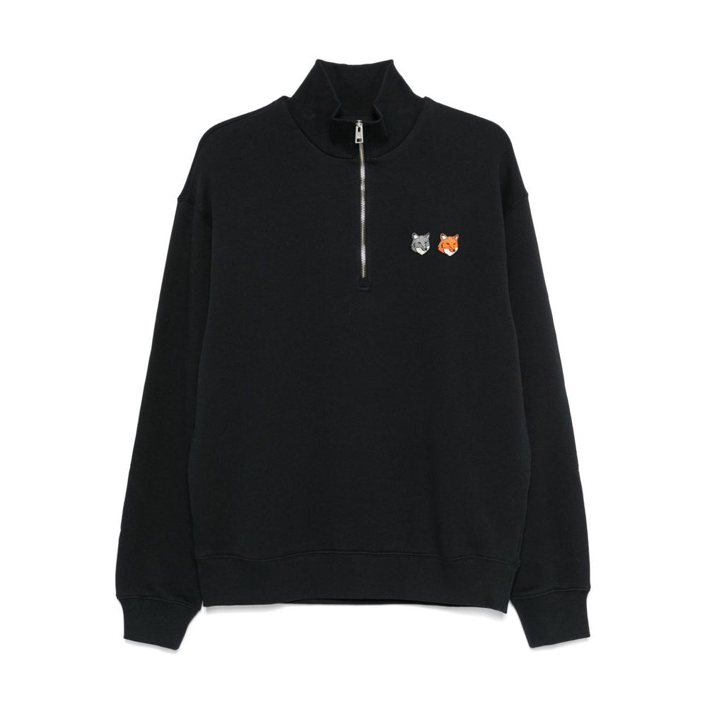 Maison Kitsuné MAISON KITSUNE' Sweaters Grey anthracite half zip front with fox motif, ribbed cuffs, cotton sweatshirt.