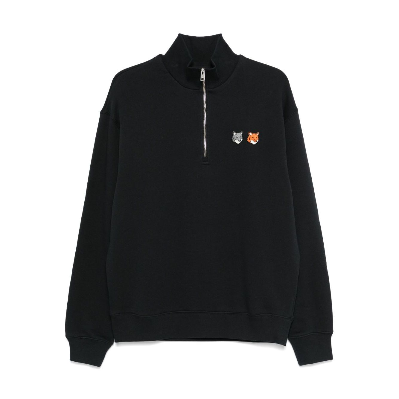 Maison Kitsuné MAISON KITSUNE' Sweaters Grey anthracite half zip front with fox motif, ribbed cuffs, cotton sweatshirt.