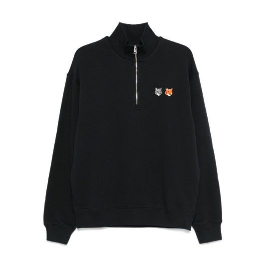 Maison Kitsuné MAISON KITSUNE' Sweaters Grey anthracite half zip front with fox motif, ribbed cuffs, cotton sweatshirt.