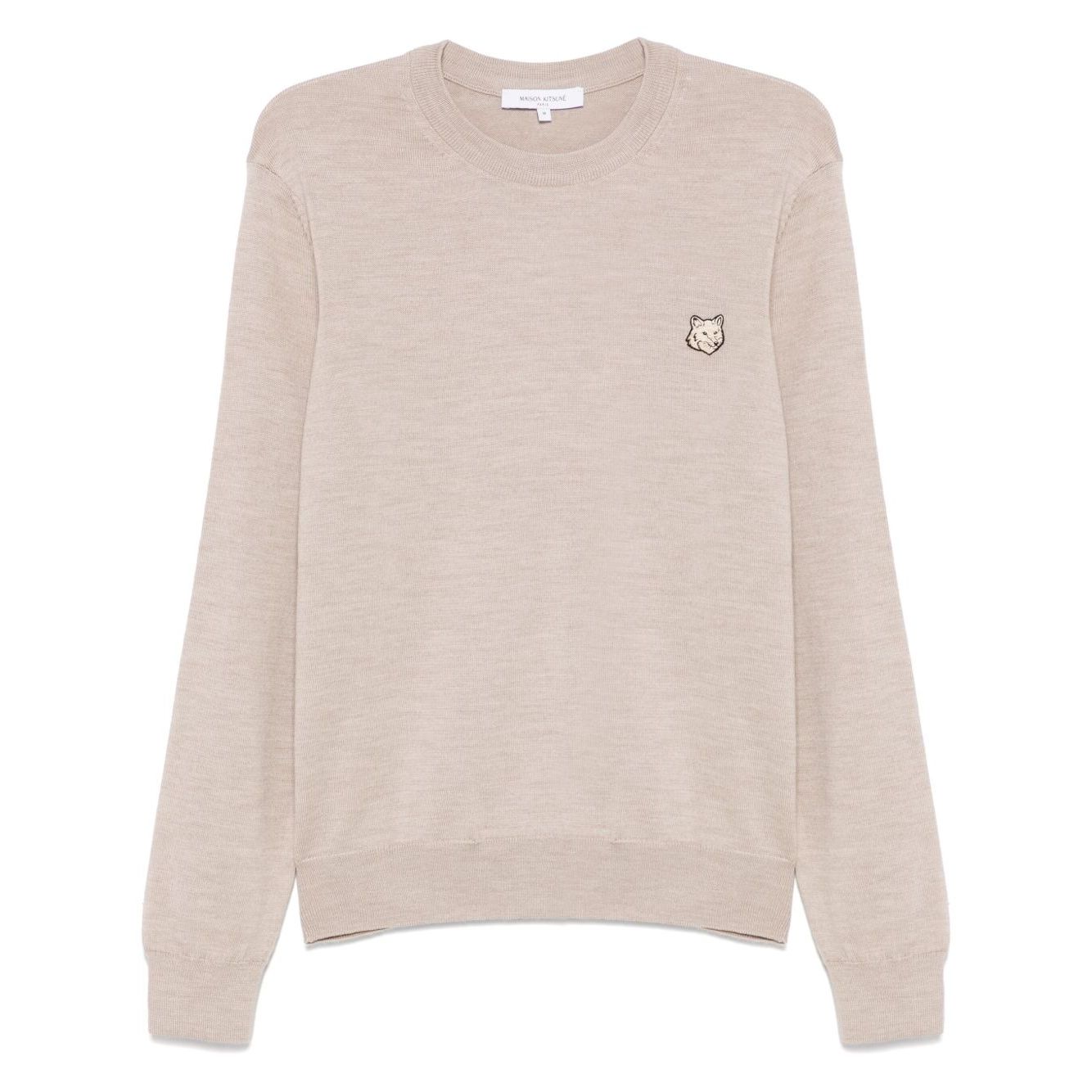 Maison Kitsuné Maison Kitsune Fox motif sweater in light beige, crew neck, long sleeves, ribbed cuffs, wool jumper with fox head detail.