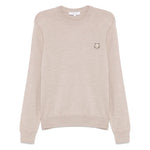 Maison Kitsuné Maison Kitsune Fox motif sweater in light beige, crew neck, long sleeves, ribbed cuffs, wool jumper with fox head detail.