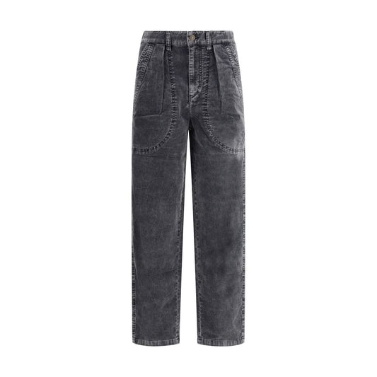 Marant Etoile Black Cotton Casual Pants with ribbed velvet, side pockets, and front pleating for refined style.