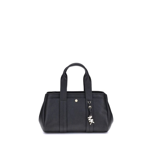 Michael Kors Black Calf Leather Bos Taurus Shoulder Bag with MK pendant and adjustable strap.