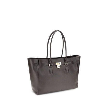Michael Kors Brown Calf Leather Bos Taurus Shoulder Bag, elegant tote with decorative belt and iconic padlock for everyday use.