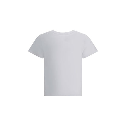 Back view of Moncler White Cotton T-Shirt featuring a modern ribbed crew neck and crop cut design with embroidered logo on front.