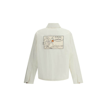 Moncler x Donald Glover White Cotton Coat with comic-style patch on the back, part of the Moncler Genius line.