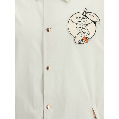 Moncler x Donald Glover White Cotton Coat with comic-style patch detail from the Moncler Genius line.