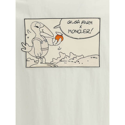 Moncler x Donald Glover White Cotton Coat with Gilga Farm comic-style patch and Moncler branding.