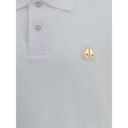 Moose Knuckles White Cotton Polo Shirt with metal logo patch, featuring a classic collar and buttons, perfect for a versatile style.