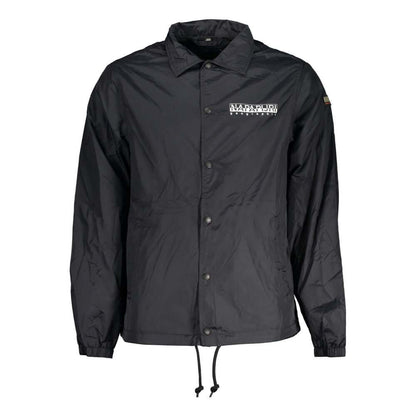 Napapijri Black Polyester Men Jacket with logo, waterproof design, long sleeves, and practical pockets for outdoor style and function.