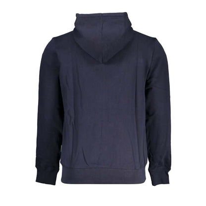 Back view of Napapijri Blue Cotton Men Sweater with Hood showcasing its soft fabric and practical hood.