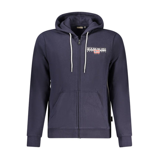 Napapijri Blue Cotton Men's Hoodie with zip front and logo print, featuring dual pockets, perfect for layering and style.
