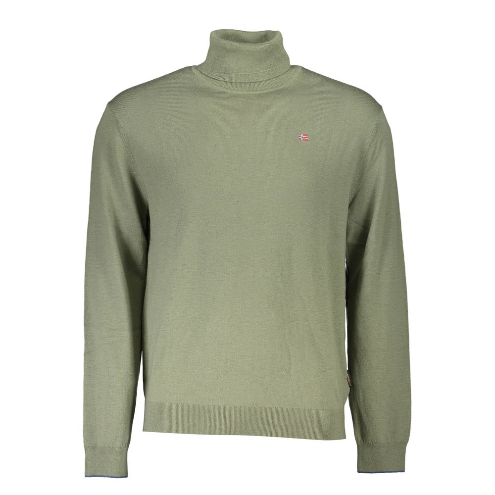 Napapijri Green Wool Sweater with long sleeves, turtleneck, and logo embroidery.