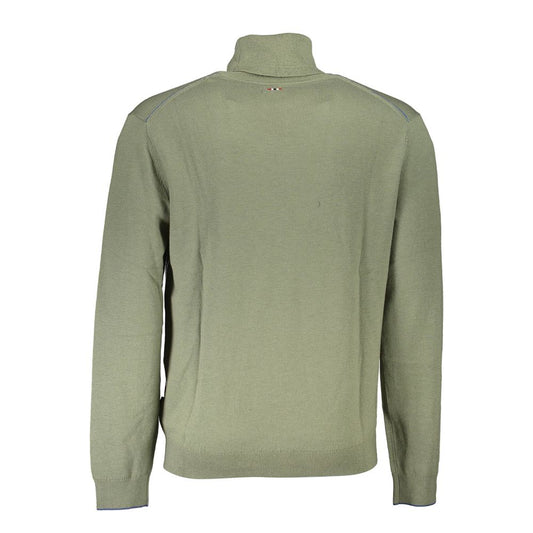 Napapijri Green Wool Sweater with turtleneck and logo embroidery, featuring long sleeves, perfect for cozy and stylish wear.