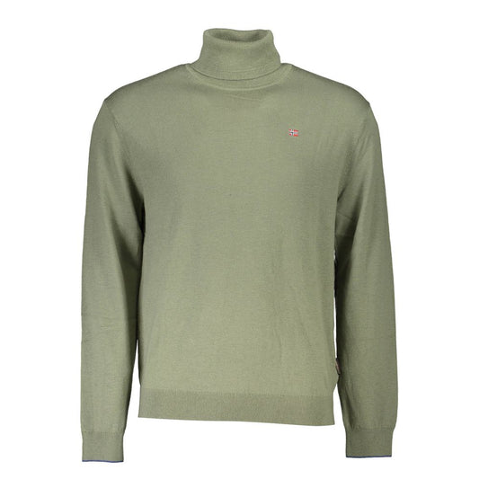 Napapijri Green Wool Sweater with long sleeves, turtleneck, and logo embroidery.