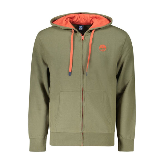 North Sails Green Cotton Men's Hooded Sweater with zip and logo, featuring orange lining and pockets.