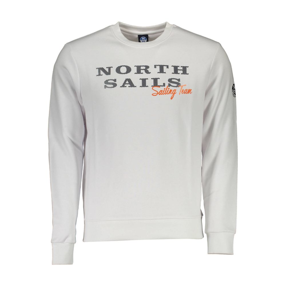 North Sails White Cotton Men Sweater with logo print, crewneck design, long sleeves, nautical style, made from cotton blend.