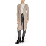 Woman wearing Only Beige Marabou Cardigan with long sleeves, showcasing elegant open design perfect for layering.