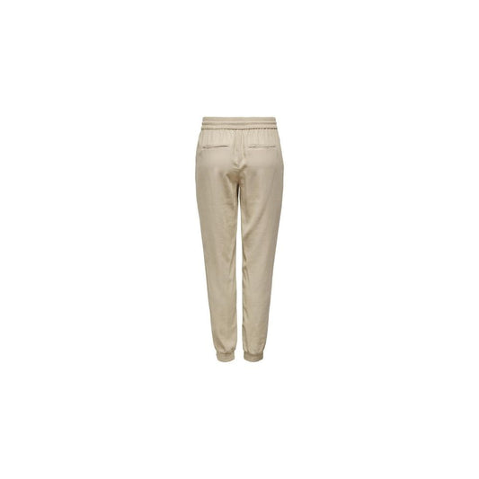 Back view of Only Beige Viscose Pant with elastic cuffs for women, showcasing soft viscose and polyester blend for comfort and style.