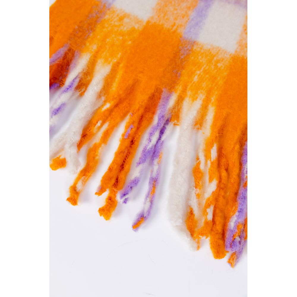 Close-up of Only Orange Polyester Scarf with checkered design and decorative fringes made from recycled polyester.
