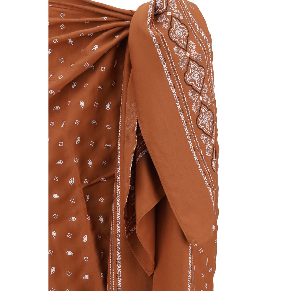 Close-up of PINKO Bandana pattern pareo Skirt showing vibrant design, knotted detail, and secure zipper for fresh summer appeal.