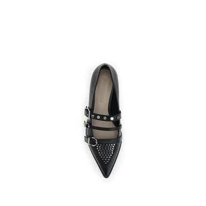 PINKO Black Calf Leather Bos Taurus Ballet Flats with studded almond toe and three-buckle closure.